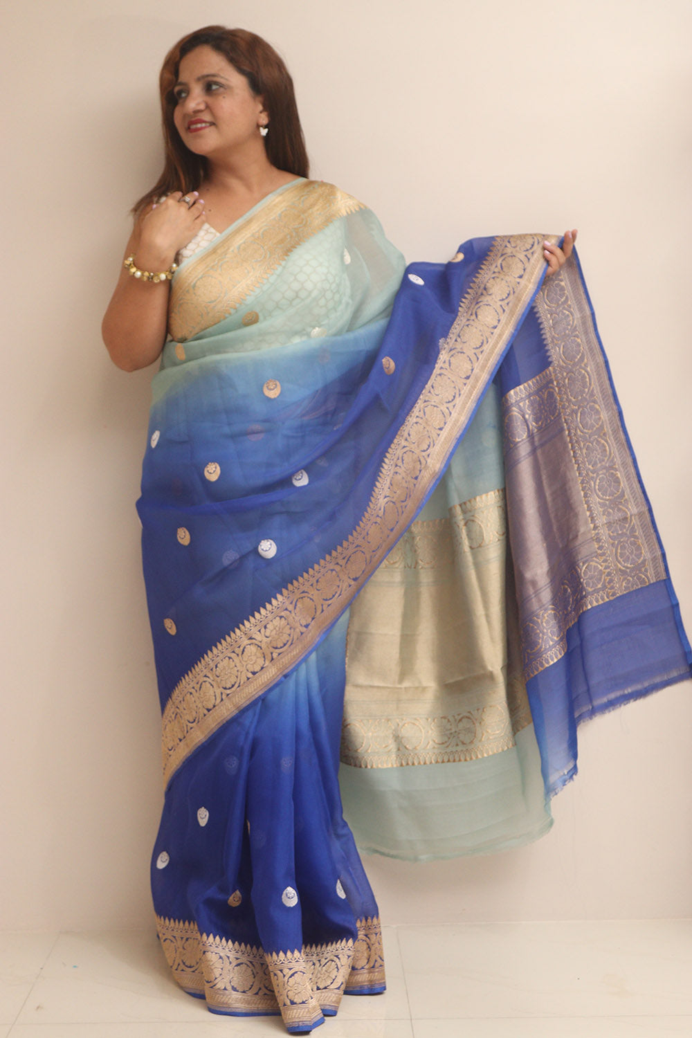 Exquisite Blue Handloom Banarasi Pure Kora Organza Shaded Saree - Luxurion World