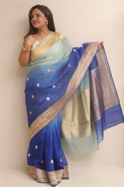 Exquisite Blue Handloom Banarasi Pure Kora Organza Shaded Saree - Luxurion World