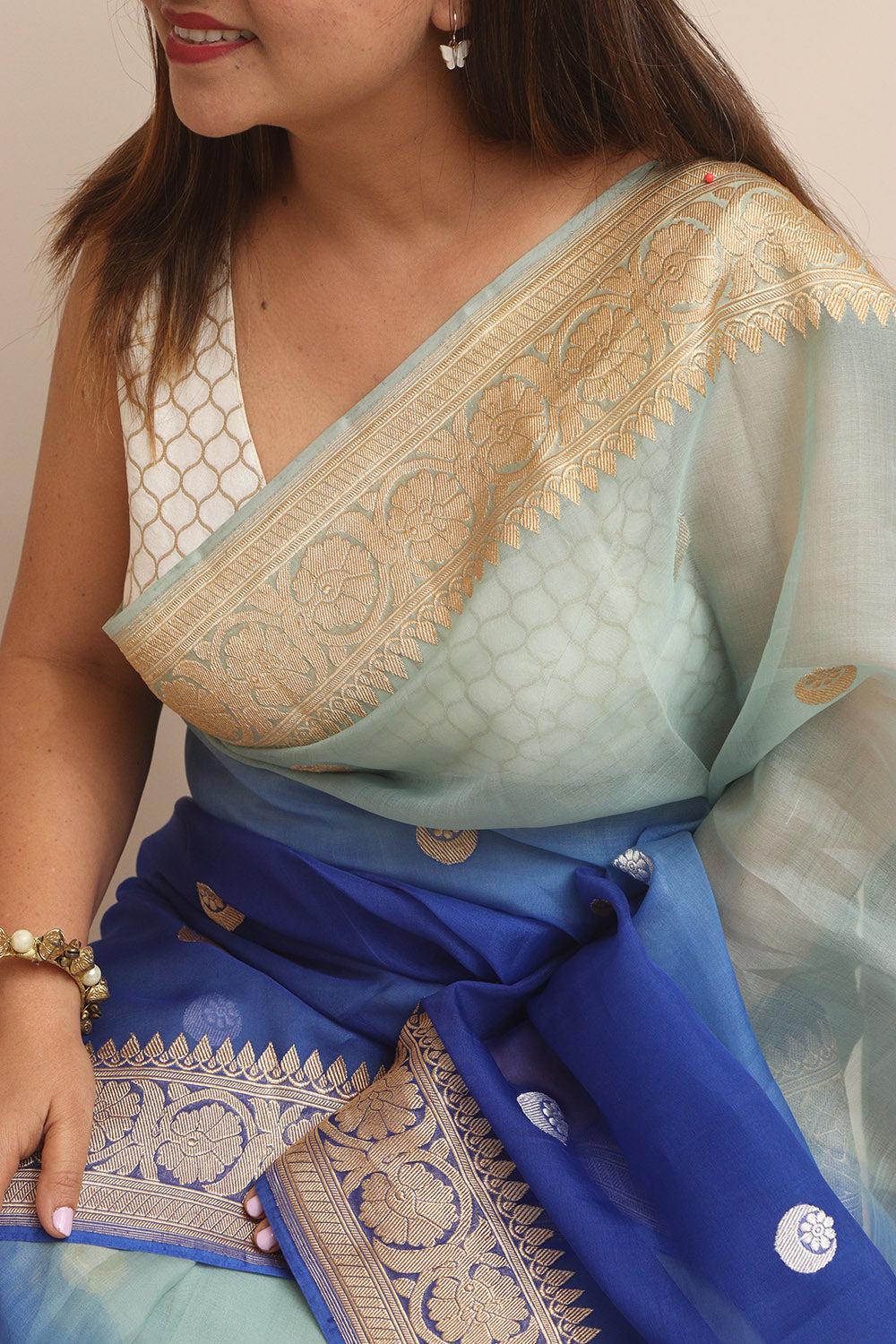 Exquisite Blue Handloom Banarasi Pure Kora Organza Shaded Saree - Luxurion World