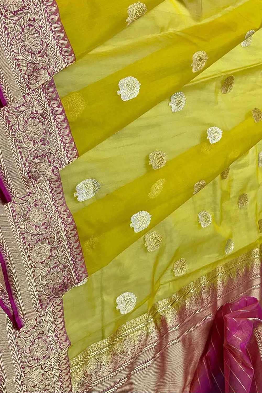 Yellow Handloom Banarasi Pure Kora Silk Saree - Luxurion World