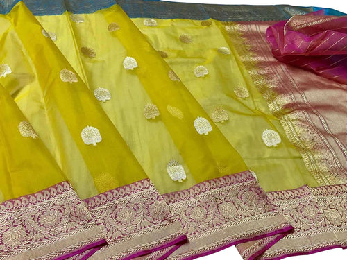 Yellow Handloom Banarasi Pure Kora Silk Saree - Luxurion World