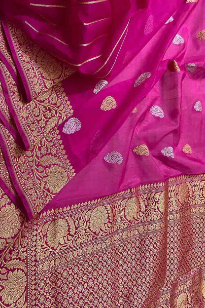 Pink Handloom Banarasi Pure Kora Silk Saree - Luxurion World