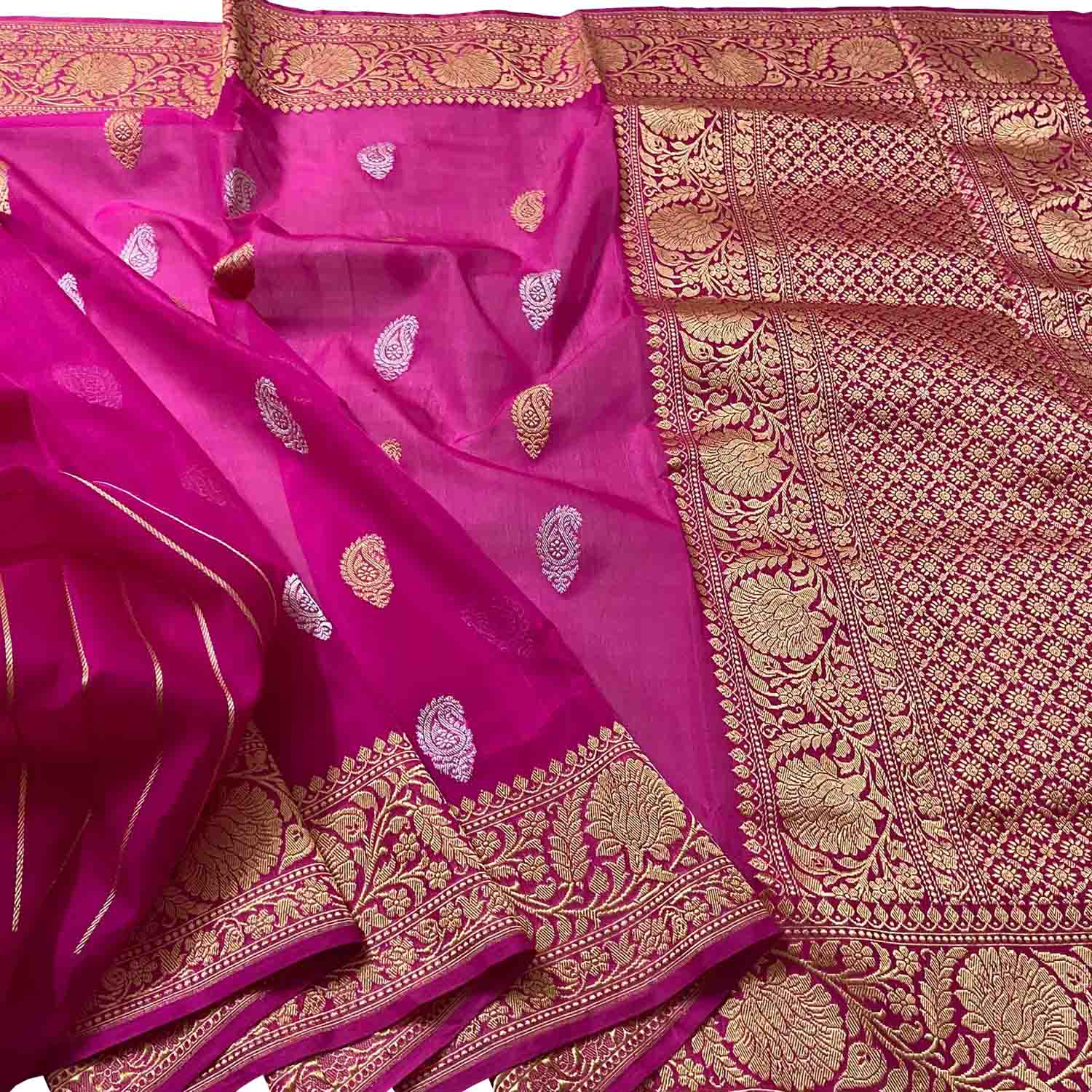 Pink Handloom Banarasi Pure Kora Silk Saree - Luxurion World