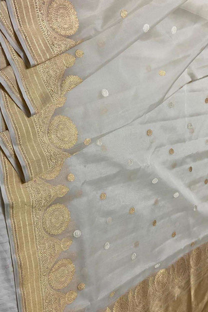 Grey Handloom Banarasi Pure Kora Silk Saree - Luxurion World