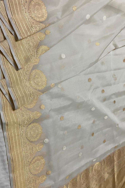 Grey Handloom Banarasi Pure Kora Silk Saree - Luxurion World