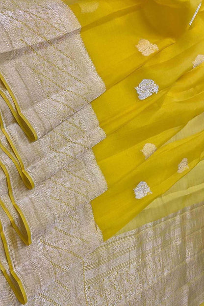 Yellow Handloom Banarasi Pure Kora Silk Saree - Luxurion World