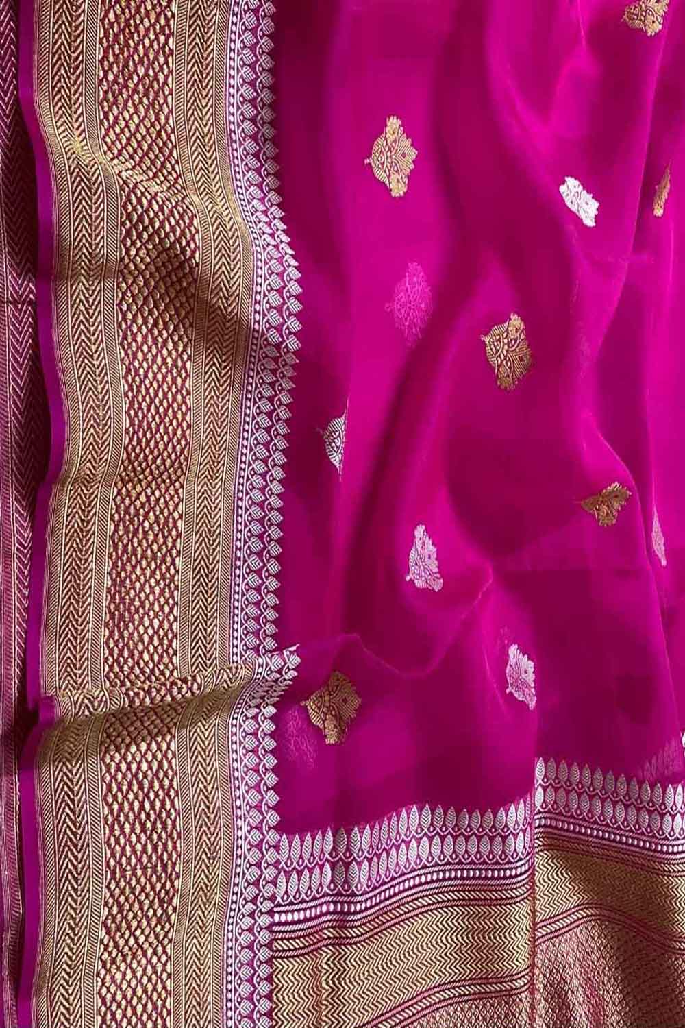 Pink Handloom Banarasi Pure Kora Silk Saree - Luxurion World