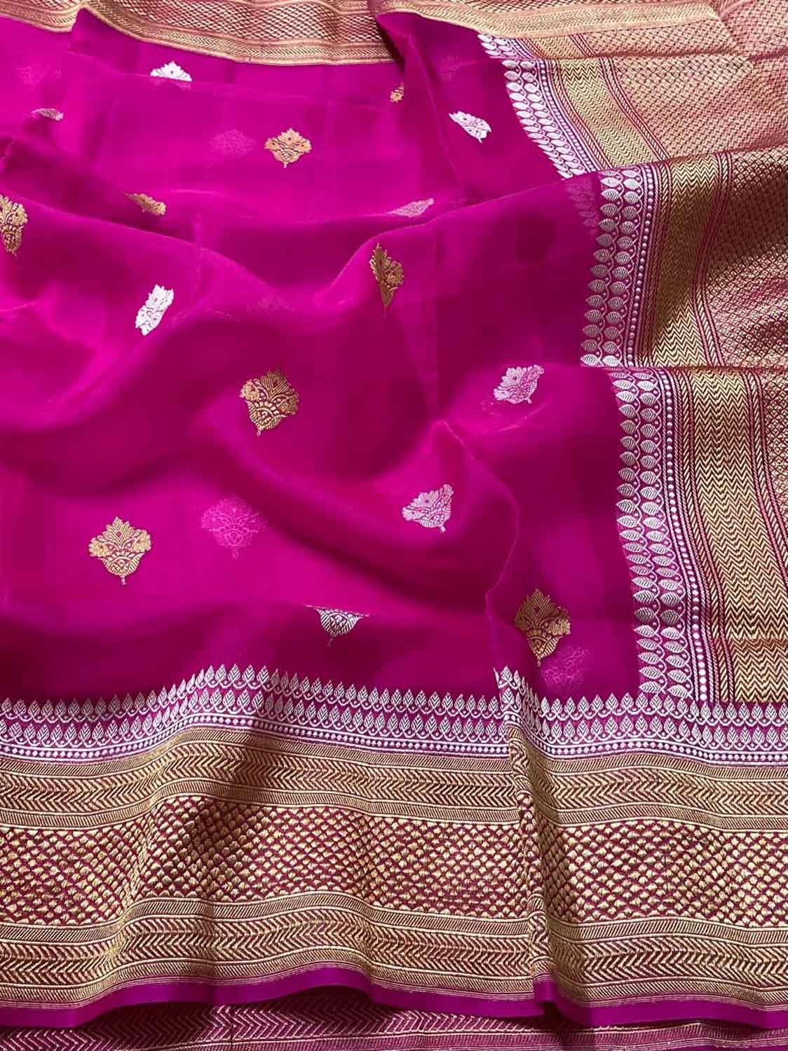 Pink Handloom Banarasi Pure Kora Silk Saree - Luxurion World