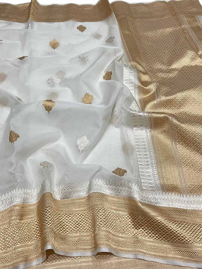 Off White Handloom Banarasi Pure Kora Silk Saree - Luxurion World