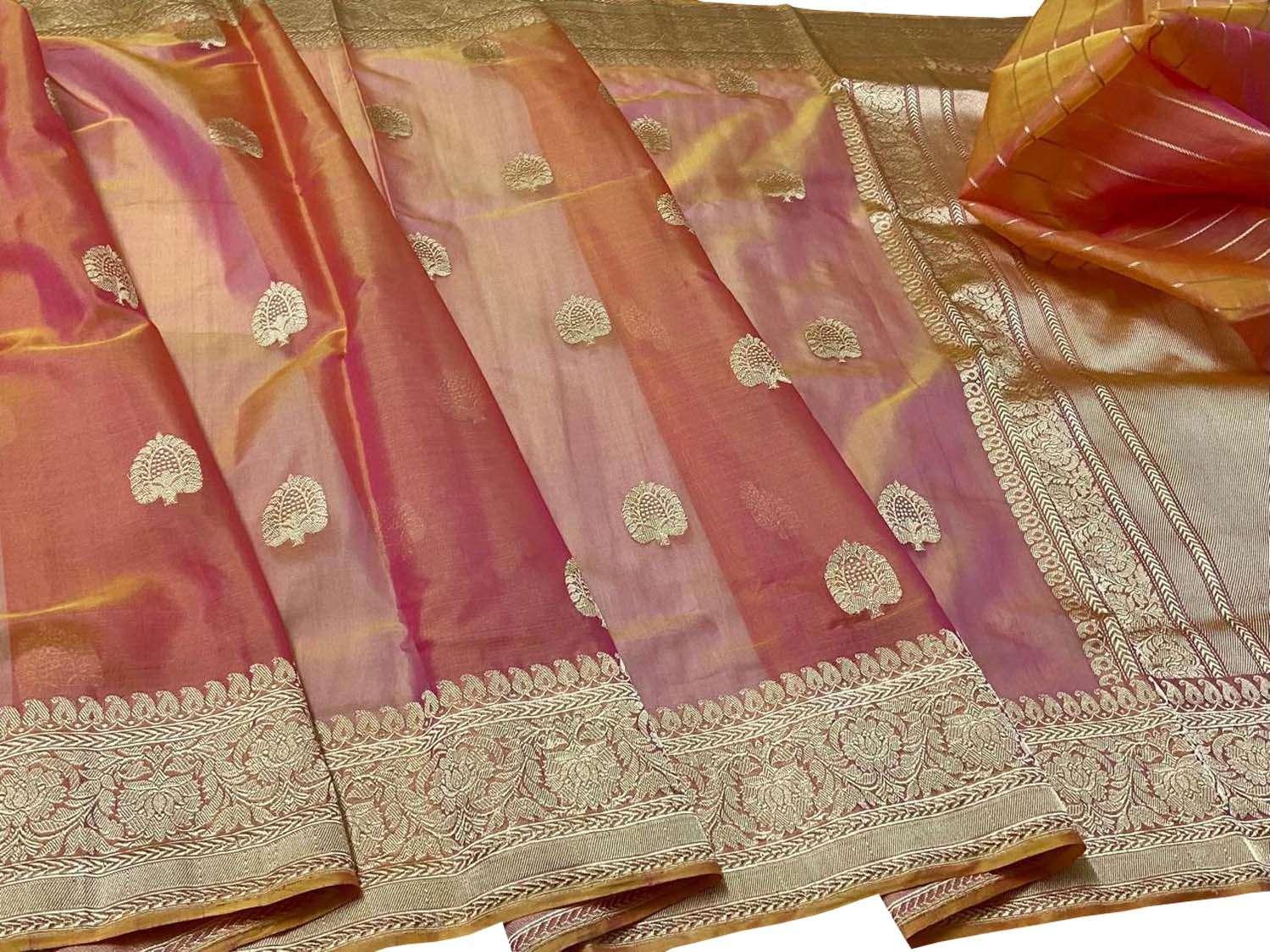 Pink Handloom Banarasi Pure Kora Silk Saree - Luxurion World