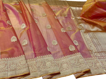 Pink Handloom Banarasi Pure Kora Silk Saree - Luxurion World