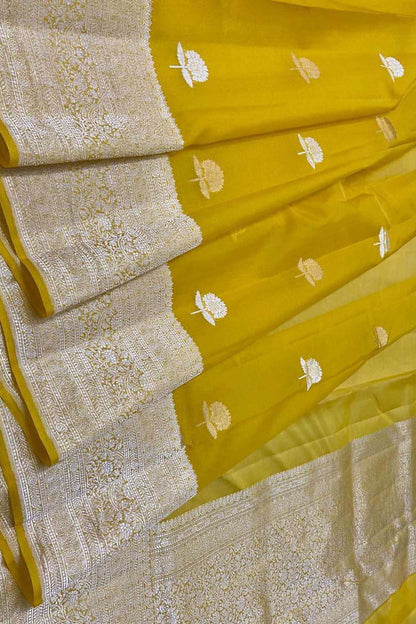 Yellow Handloom Banarasi Pure Kora Silk Saree - Luxurion World