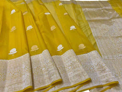 Yellow Handloom Banarasi Pure Kora Silk Saree - Luxurion World