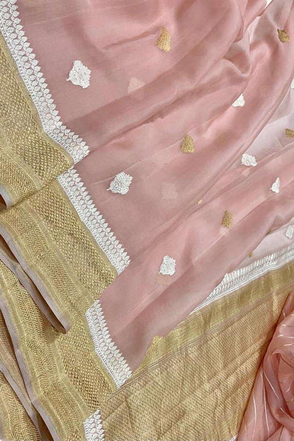 Pink Handloom Banarasi Pure Kora Silk Saree - Luxurion World