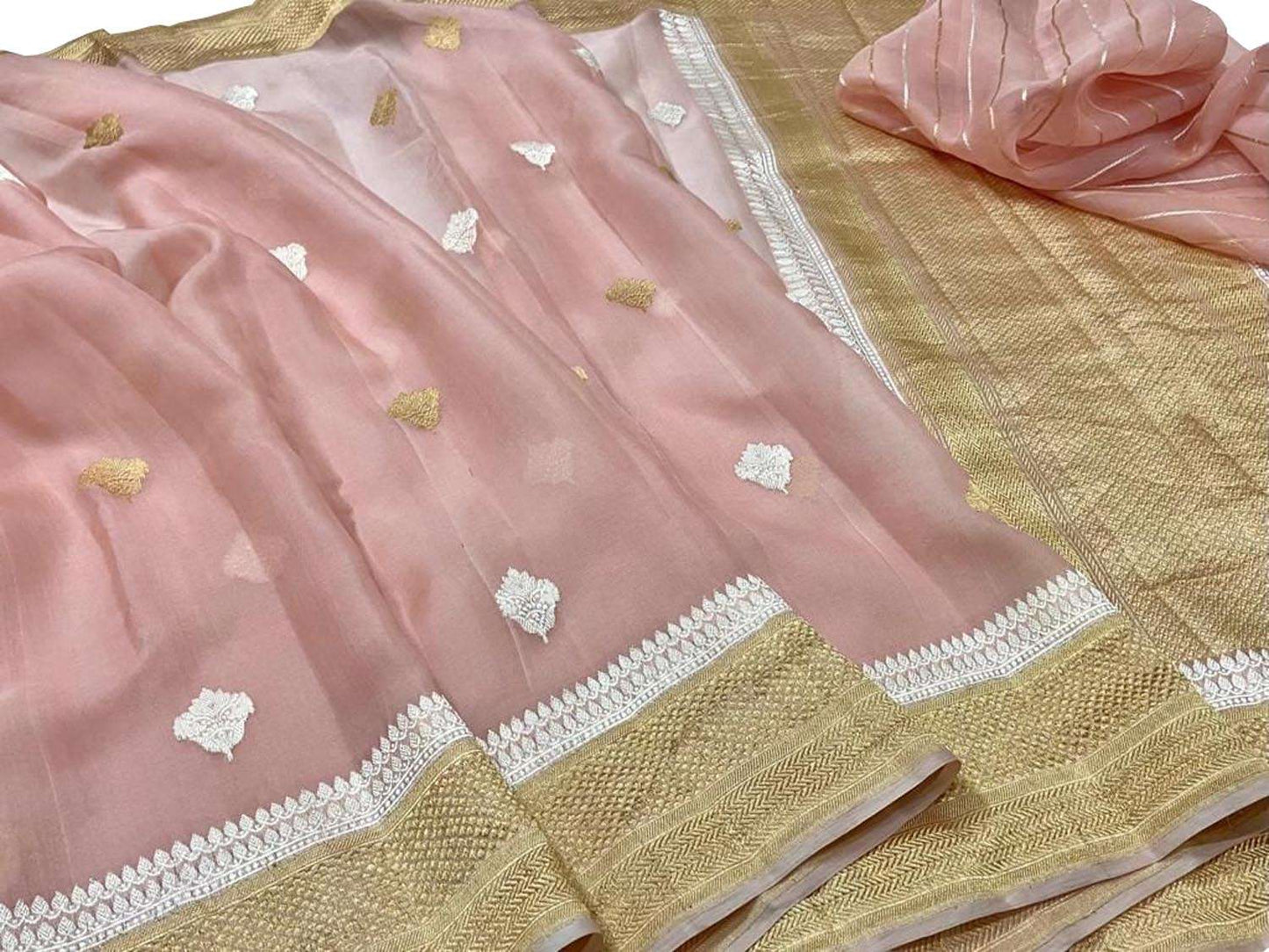 Pink Handloom Banarasi Pure Kora Silk Saree - Luxurion World
