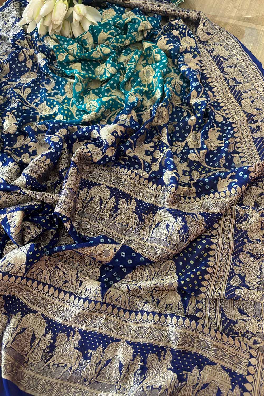 Blue Banarasi Bandhani Pure Georgette Shikargah Design Saree - Luxurion World