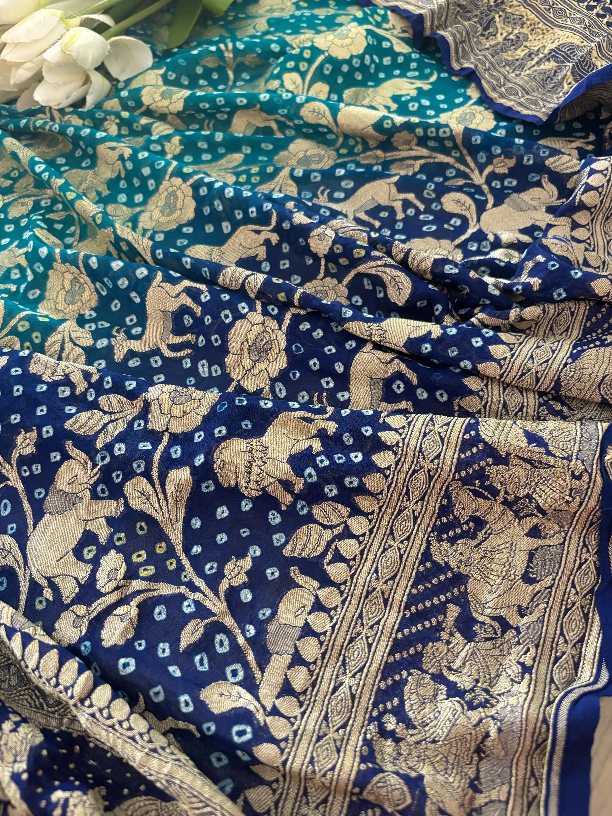 Blue Banarasi Bandhani Pure Georgette Shikargah Design Saree - Luxurion World