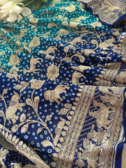Blue Banarasi Bandhani Pure Georgette Shikargah Design Saree - Luxurion World