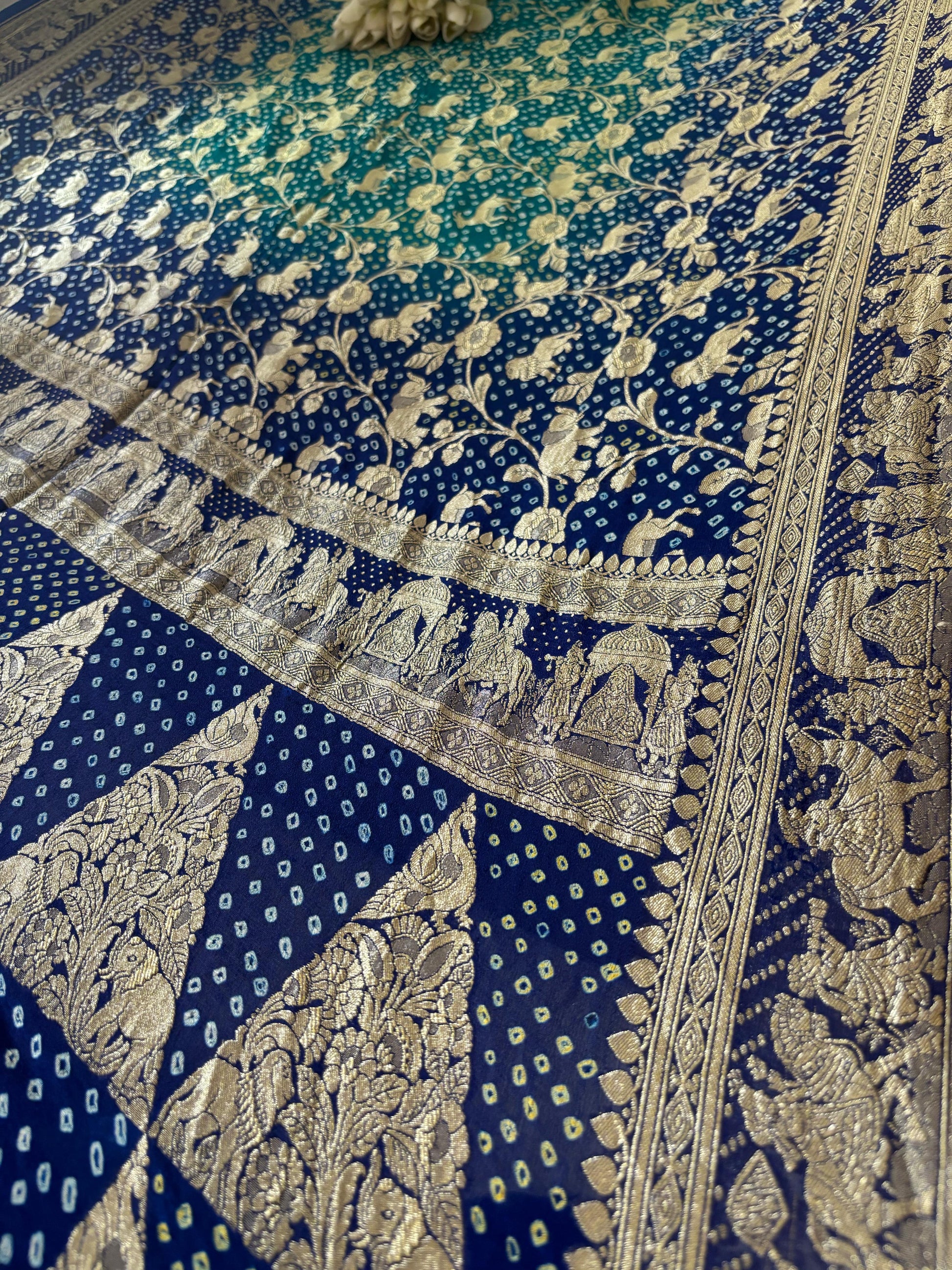 Blue Banarasi Bandhani Pure Georgette Shikargah Design Saree - Luxurion World