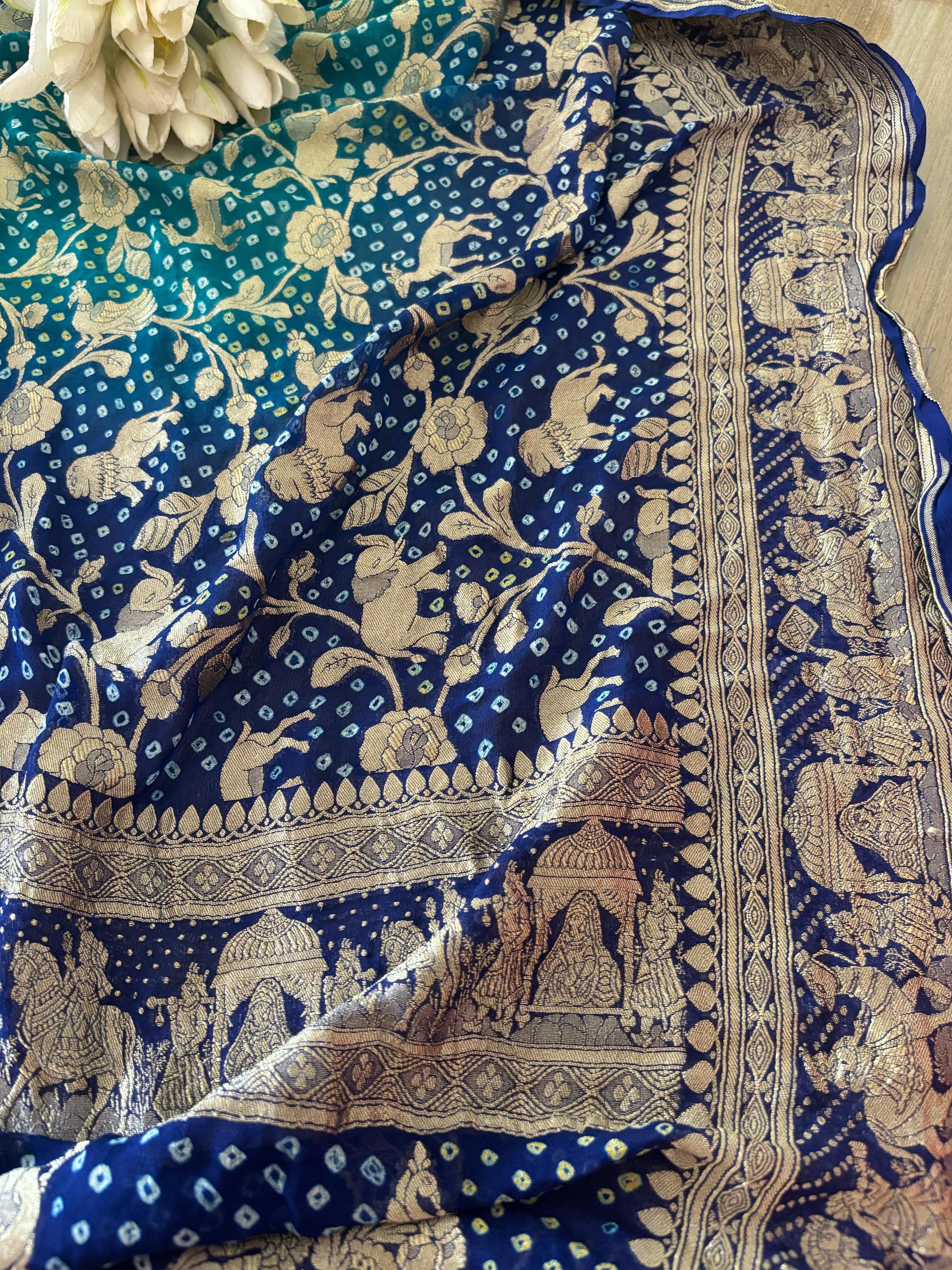 Blue Banarasi Bandhani Pure Georgette Shikargah Design Saree - Luxurion World