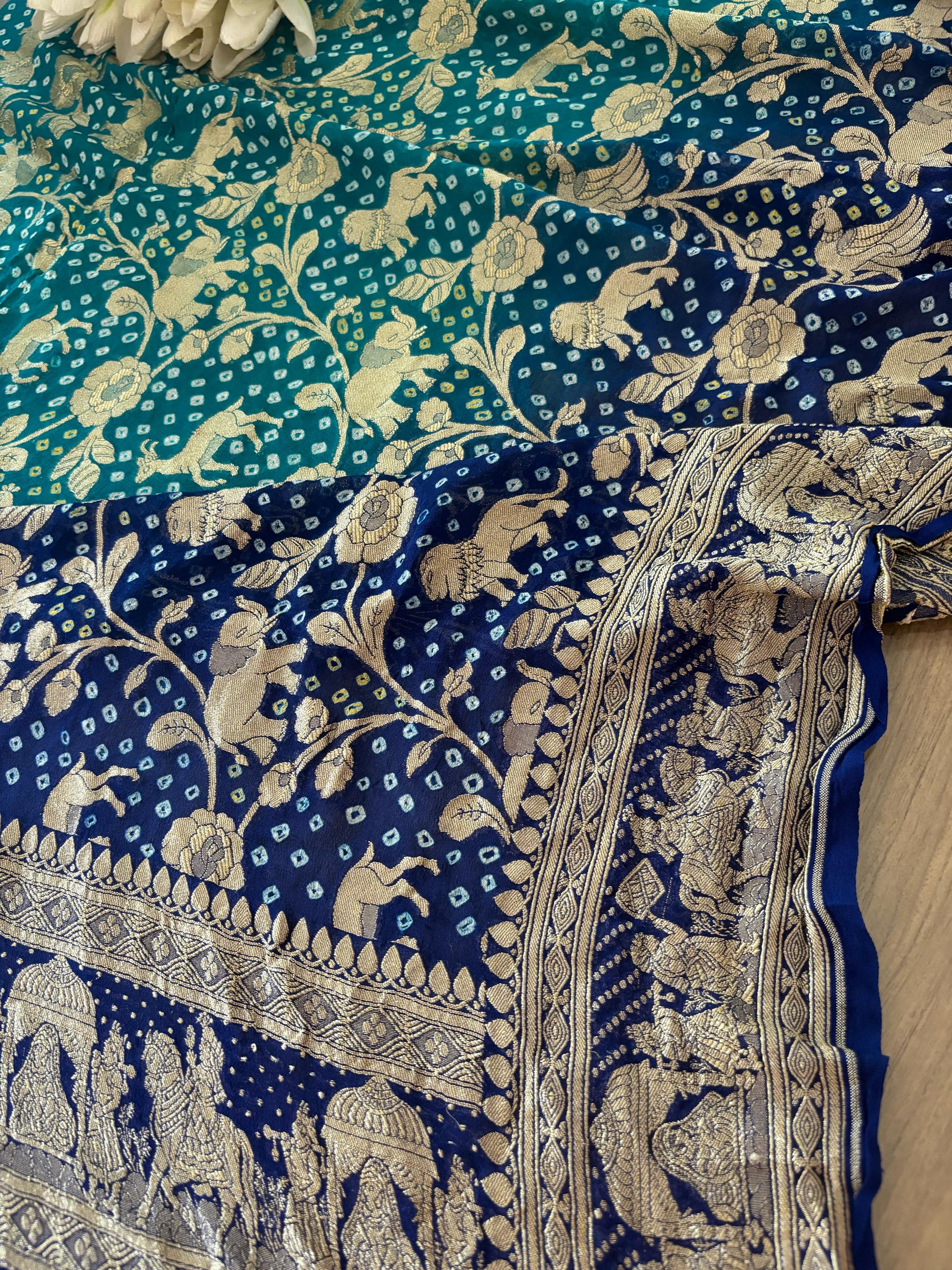 Blue Banarasi Bandhani Pure Georgette Shikargah Design Saree - Luxurion World