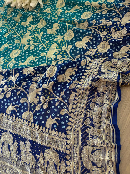 Blue Banarasi Bandhani Pure Georgette Shikargah Design Saree - Luxurion World