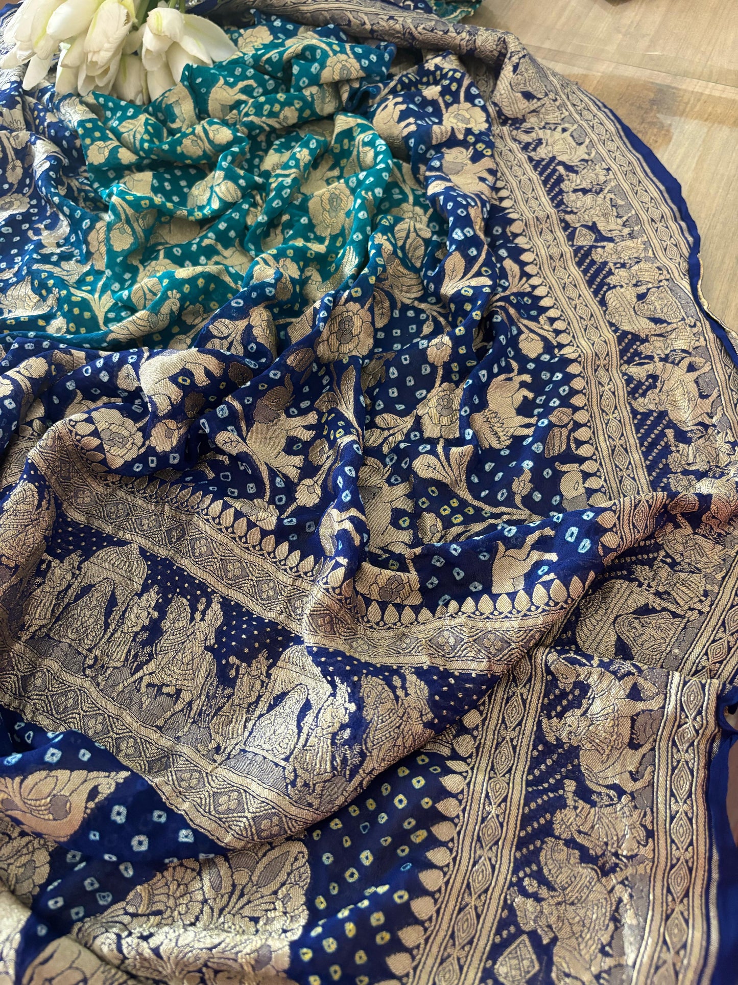 Blue Banarasi Bandhani Pure Georgette Shikargah Design Saree - Luxurion World