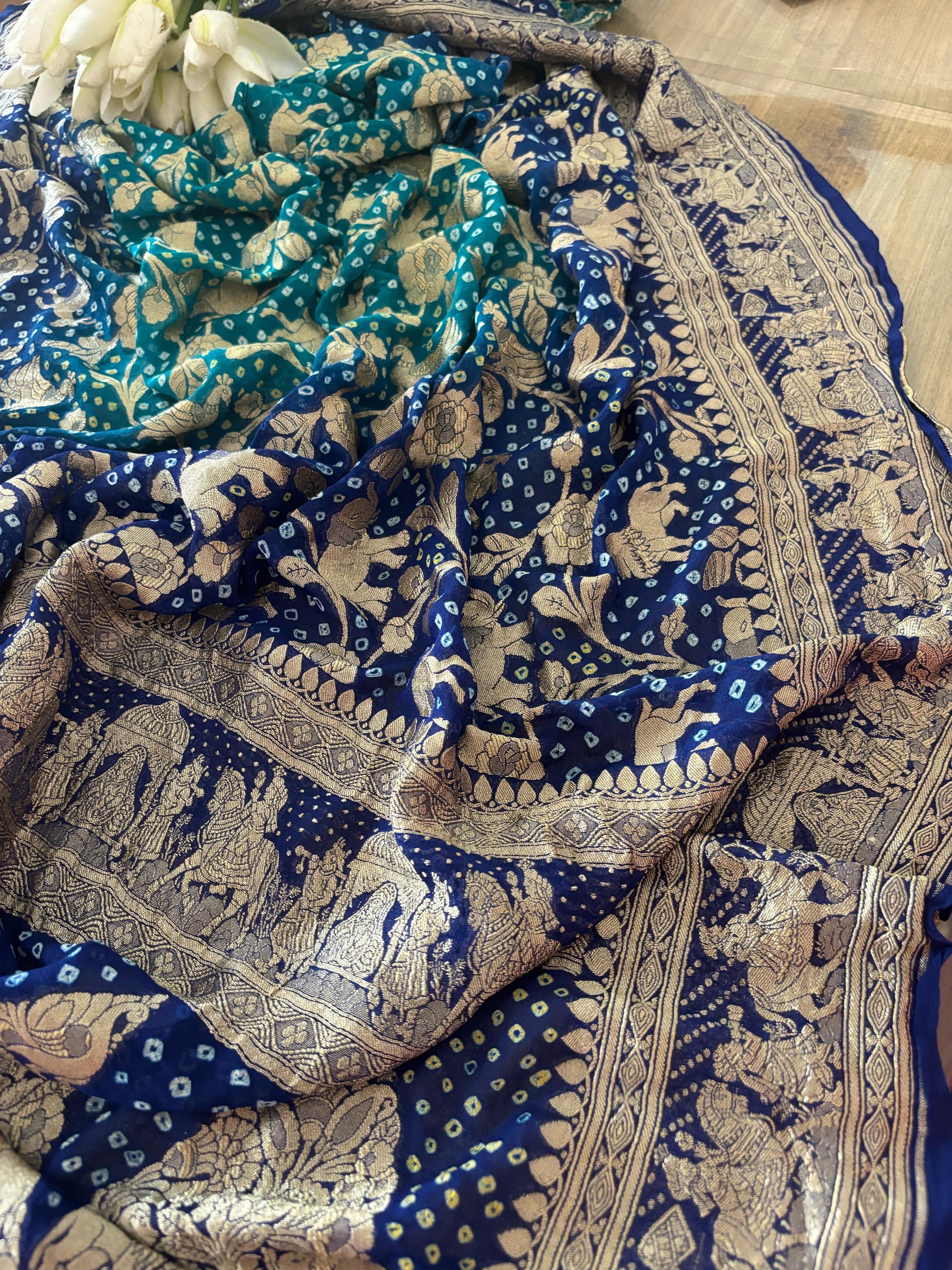 Blue Banarasi Bandhani Pure Georgette Shikargah Design Saree - Luxurion World