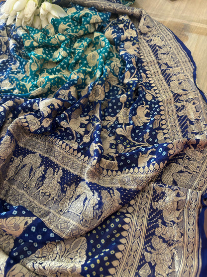 Blue Banarasi Bandhani Pure Georgette Shikargah Design Saree - Luxurion World