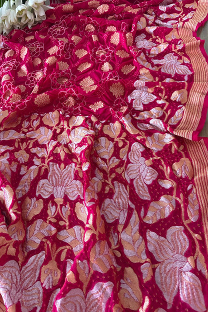 Stunning Pink Banarasi Bandhani Pure Georgette Sona Roopa Flower Design Saree - Luxurion World