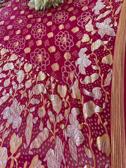Stunning Pink Banarasi Bandhani Pure Georgette Sona Roopa Flower Design Saree - Luxurion World