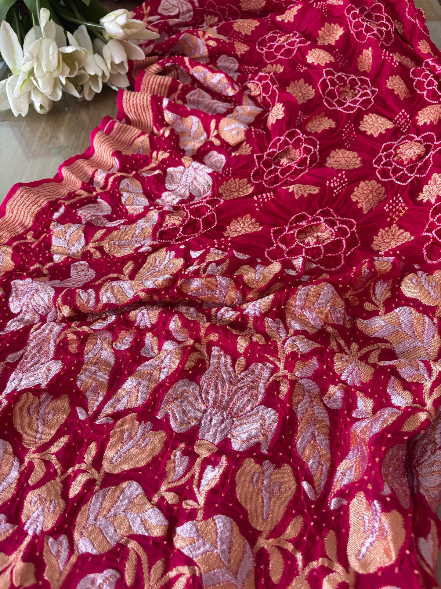Stunning Pink Banarasi Bandhani Pure Georgette Sona Roopa Flower Design Saree - Luxurion World
