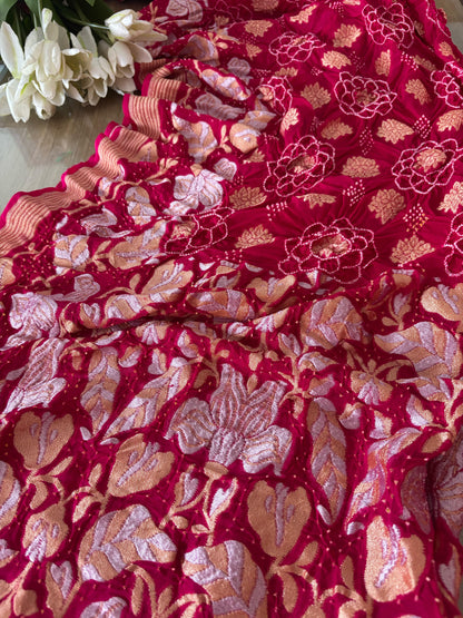 Stunning Pink Banarasi Bandhani Pure Georgette Sona Roopa Flower Design Saree - Luxurion World