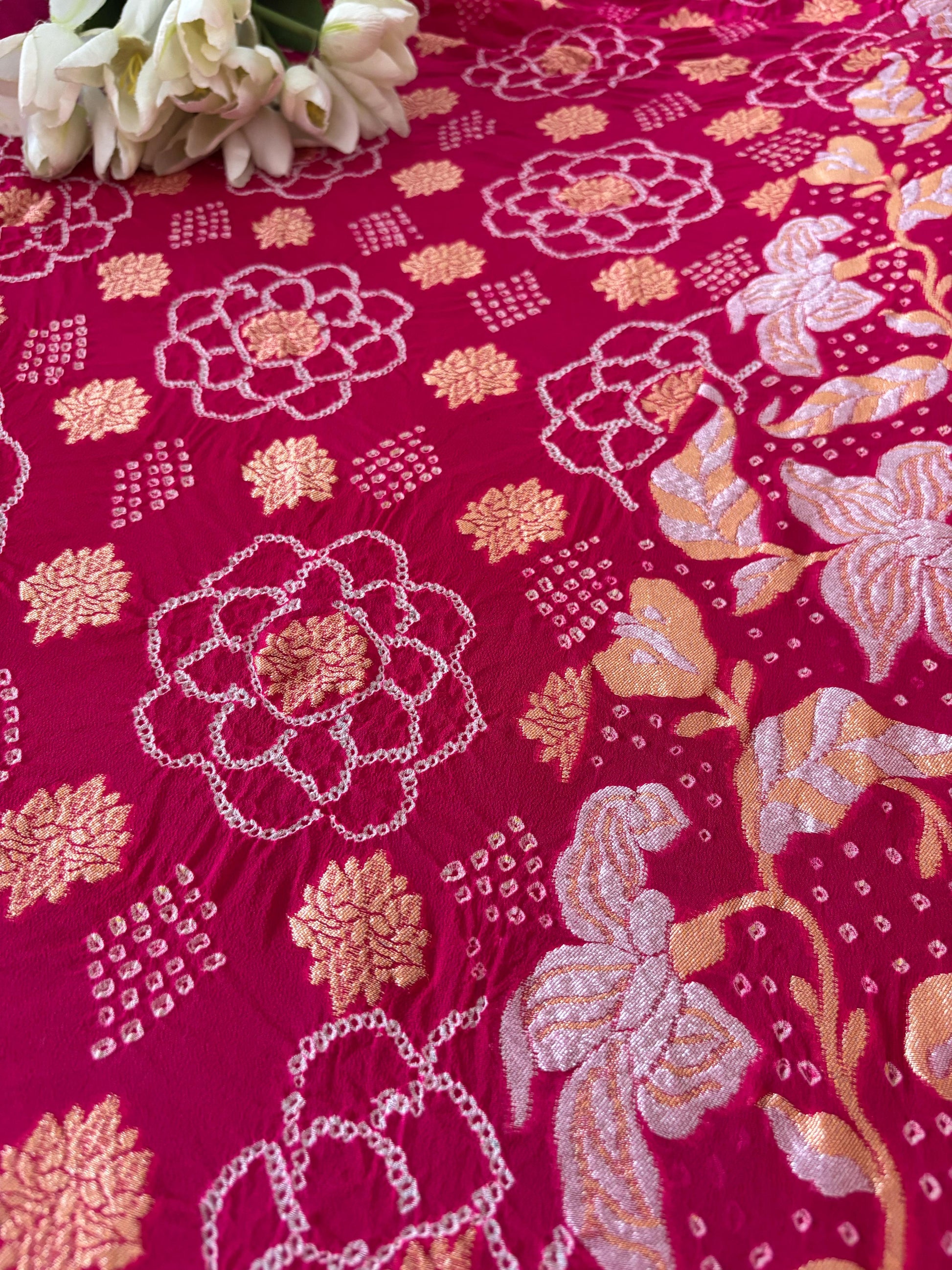 Stunning Pink Banarasi Bandhani Pure Georgette Sona Roopa Flower Design Saree - Luxurion World