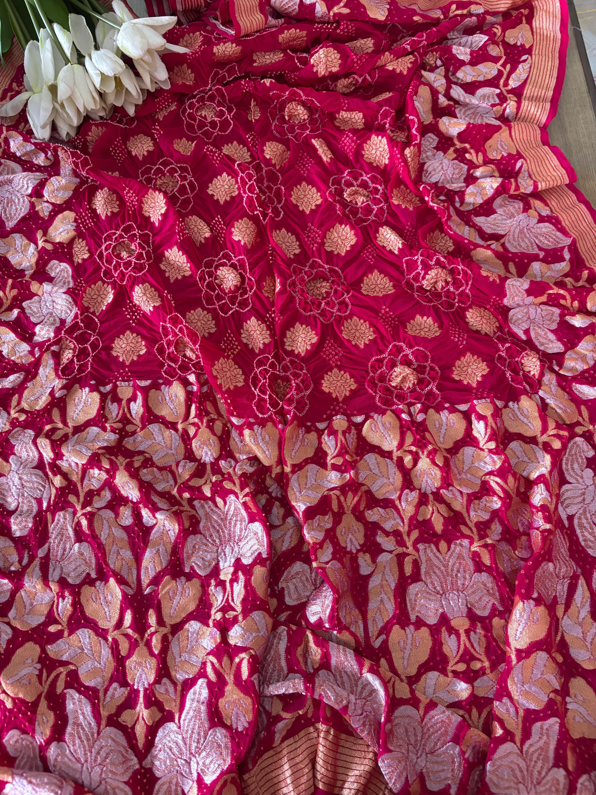 Stunning Pink Banarasi Bandhani Pure Georgette Sona Roopa Flower Design Saree - Luxurion World
