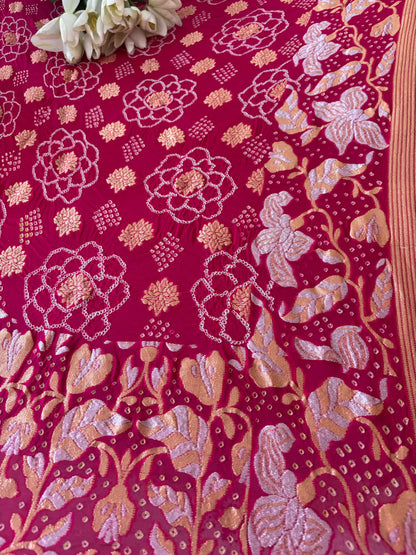 Stunning Pink Banarasi Bandhani Pure Georgette Sona Roopa Flower Design Saree - Luxurion World