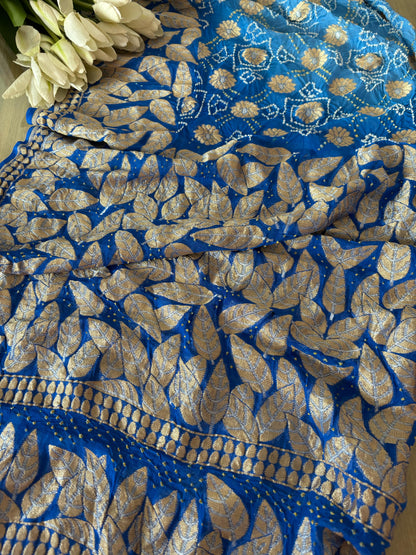 Elegant Blue Banarasi Bandhani Pure Georgette Sona Roopa Leaf Design Saree - Luxurion World