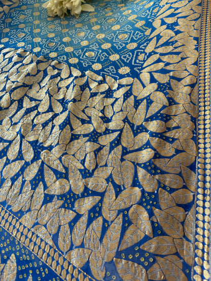 Elegant Blue Banarasi Bandhani Pure Georgette Sona Roopa Leaf Design Saree - Luxurion World
