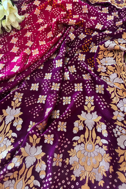 Elegant Purple And Pink Banarasi Bandhani Pure Georgette Sona Roopa Saree - Luxurion World