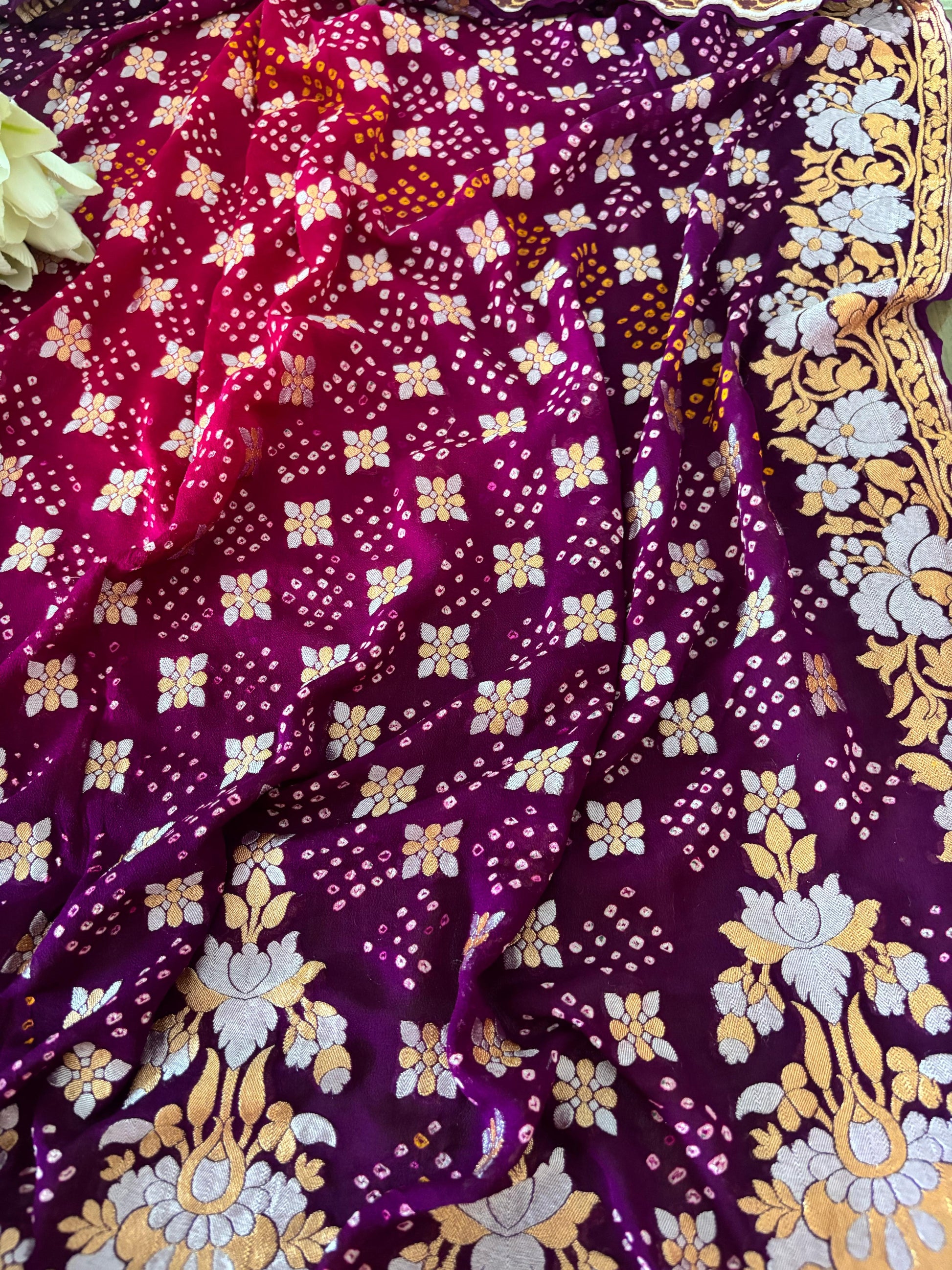 Elegant Purple And Pink Banarasi Bandhani Pure Georgette Sona Roopa Saree - Luxurion World