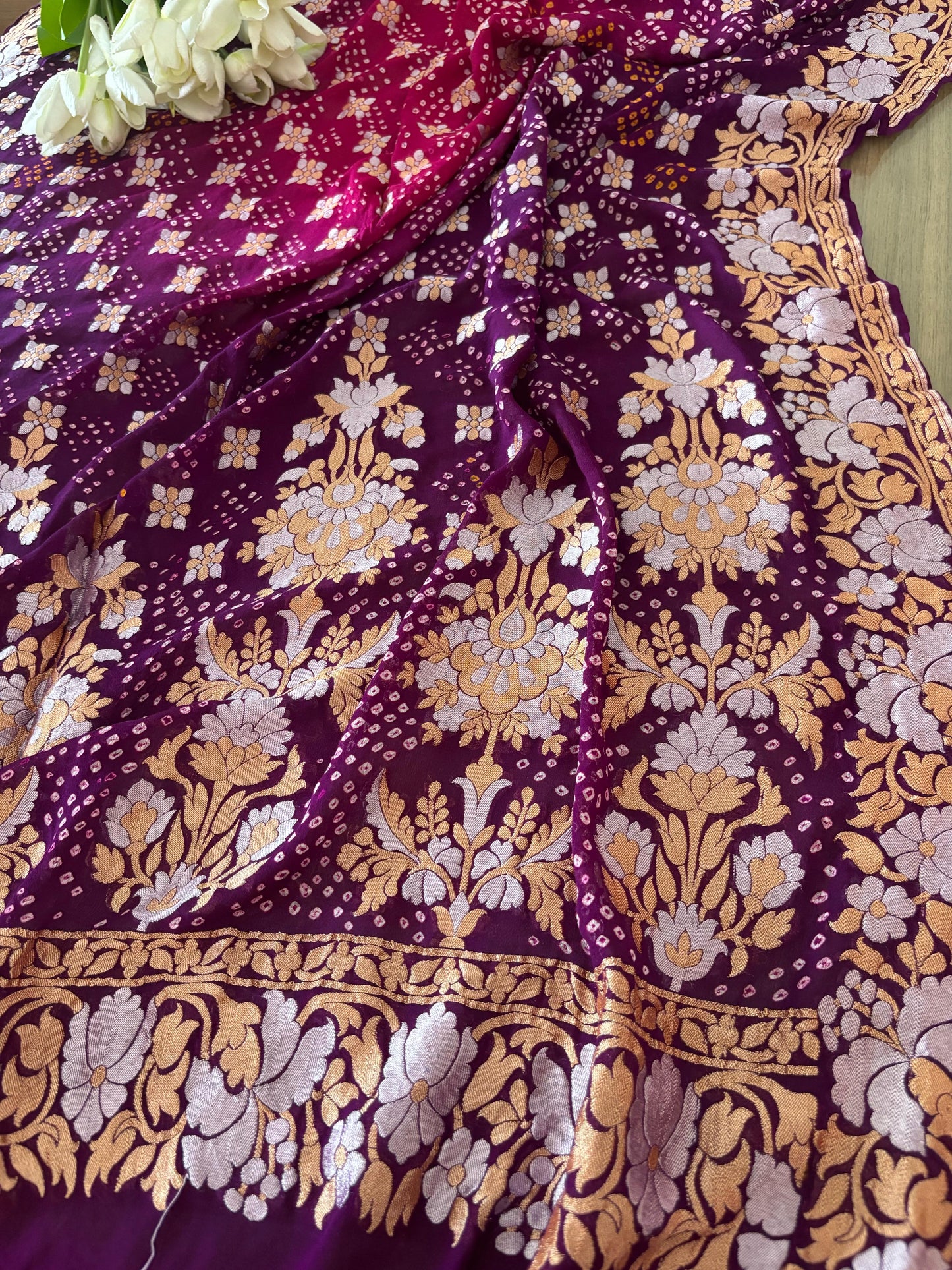 Elegant Purple And Pink Banarasi Bandhani Pure Georgette Sona Roopa Saree - Luxurion World
