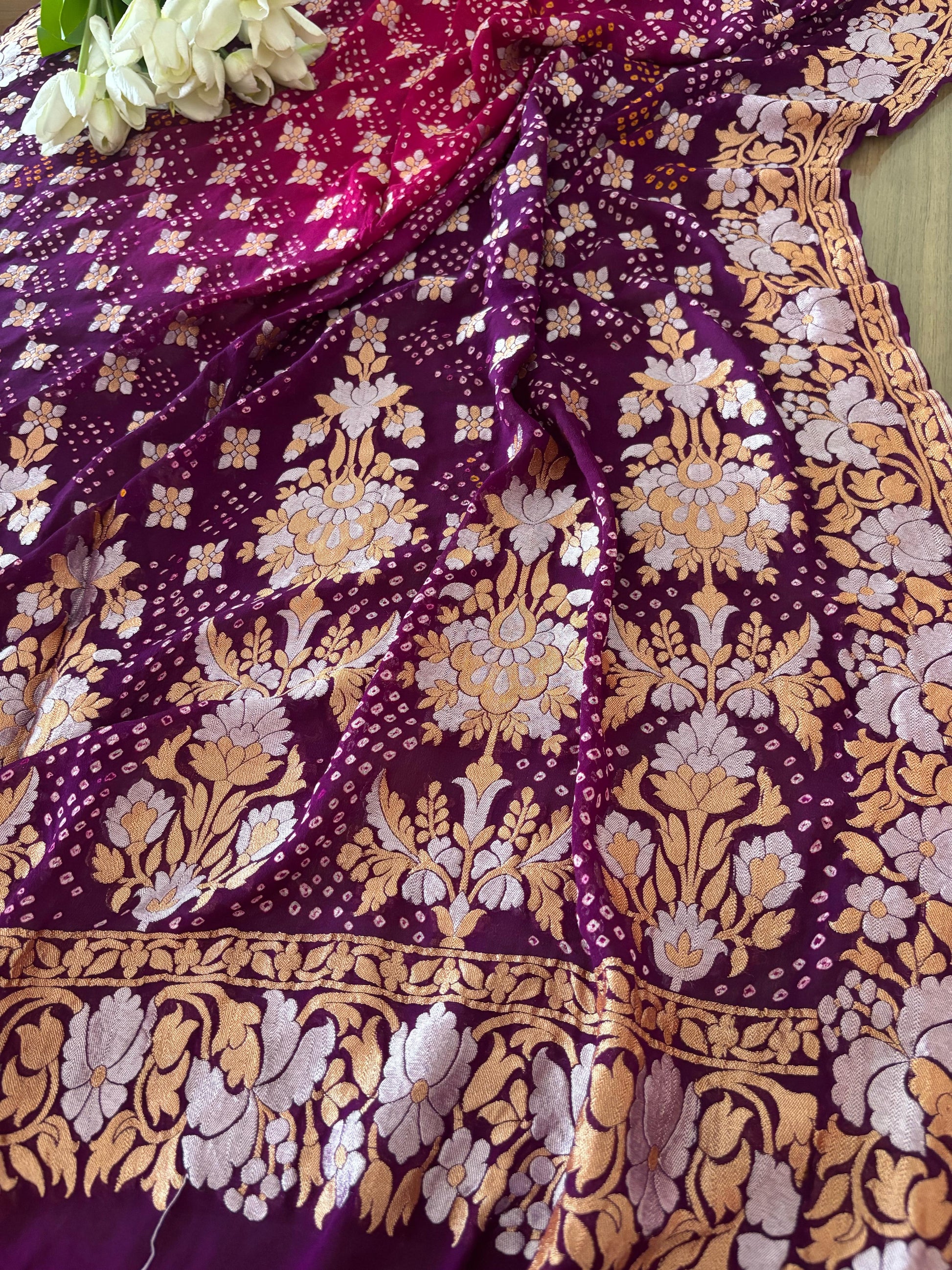 Elegant Purple And Pink Banarasi Bandhani Pure Georgette Sona Roopa Saree - Luxurion World