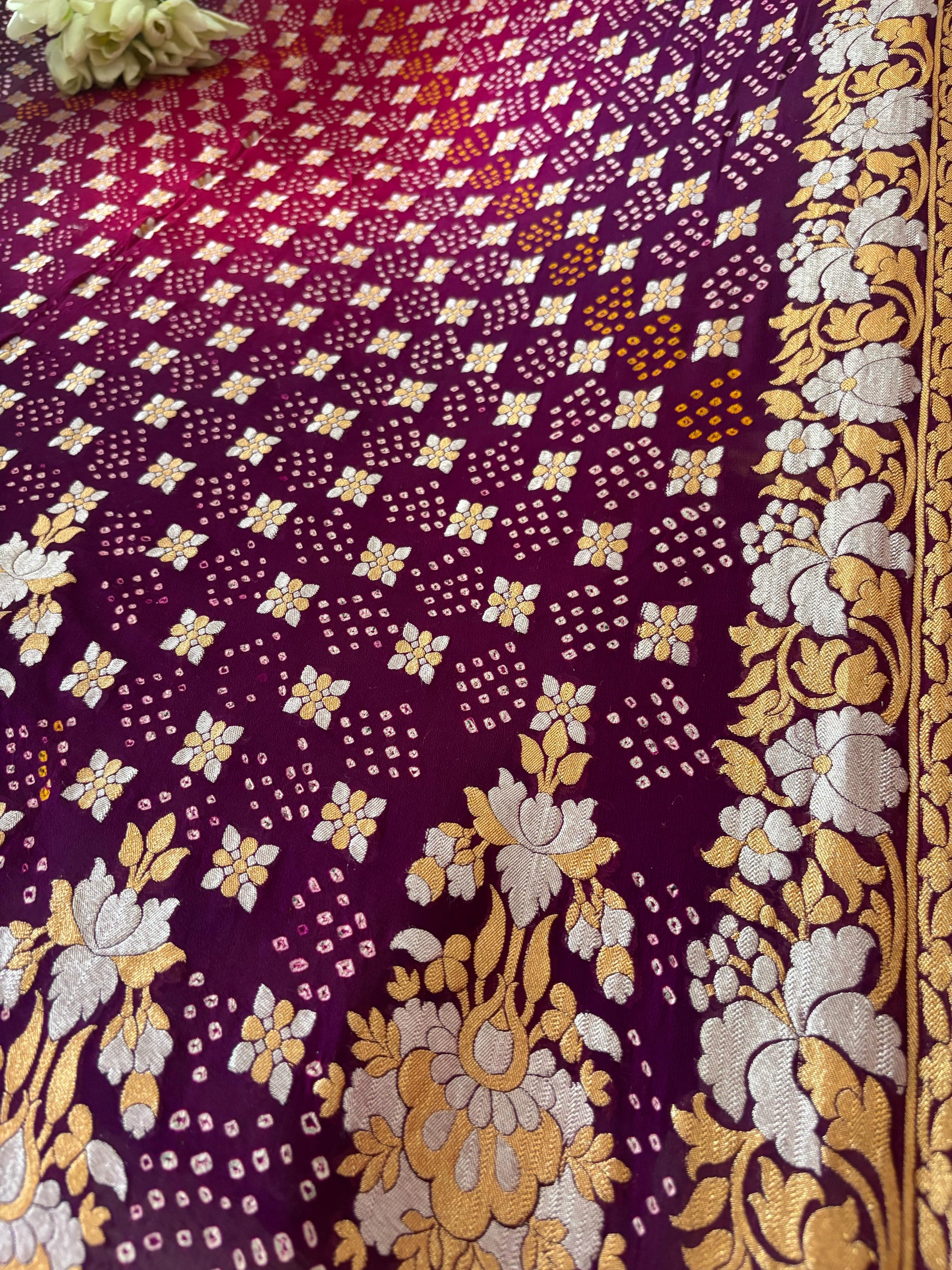 Elegant Purple And Pink Banarasi Bandhani Pure Georgette Sona Roopa Saree - Luxurion World