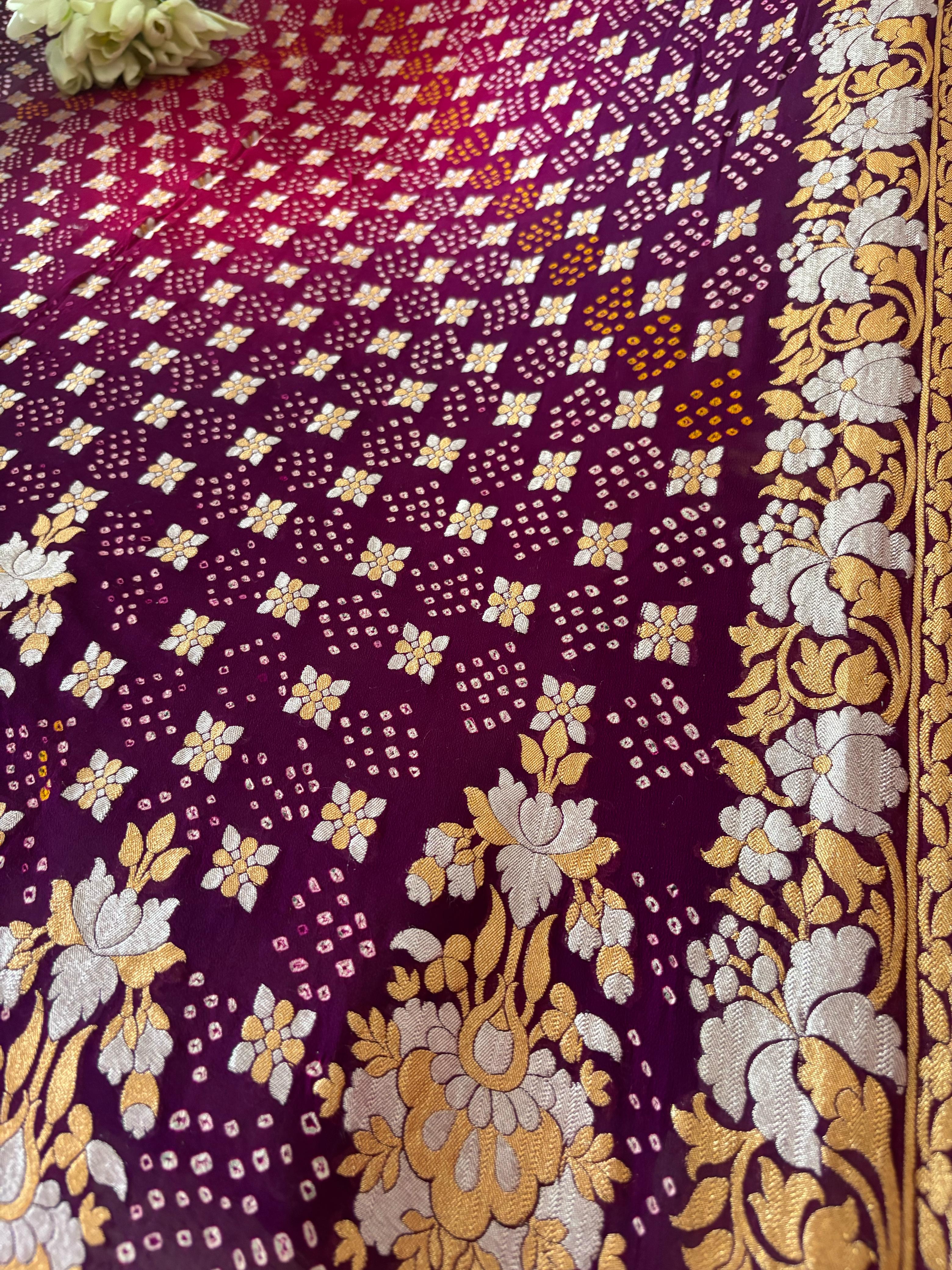 Elegant Purple And Pink Banarasi Bandhani Pure Georgette Sona Roopa Saree - Luxurion World