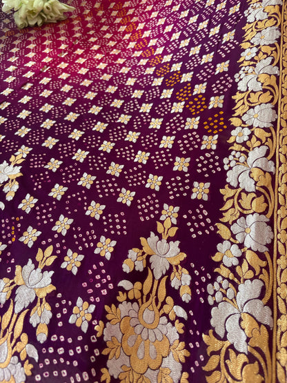 Elegant Purple And Pink Banarasi Bandhani Pure Georgette Sona Roopa Saree - Luxurion World