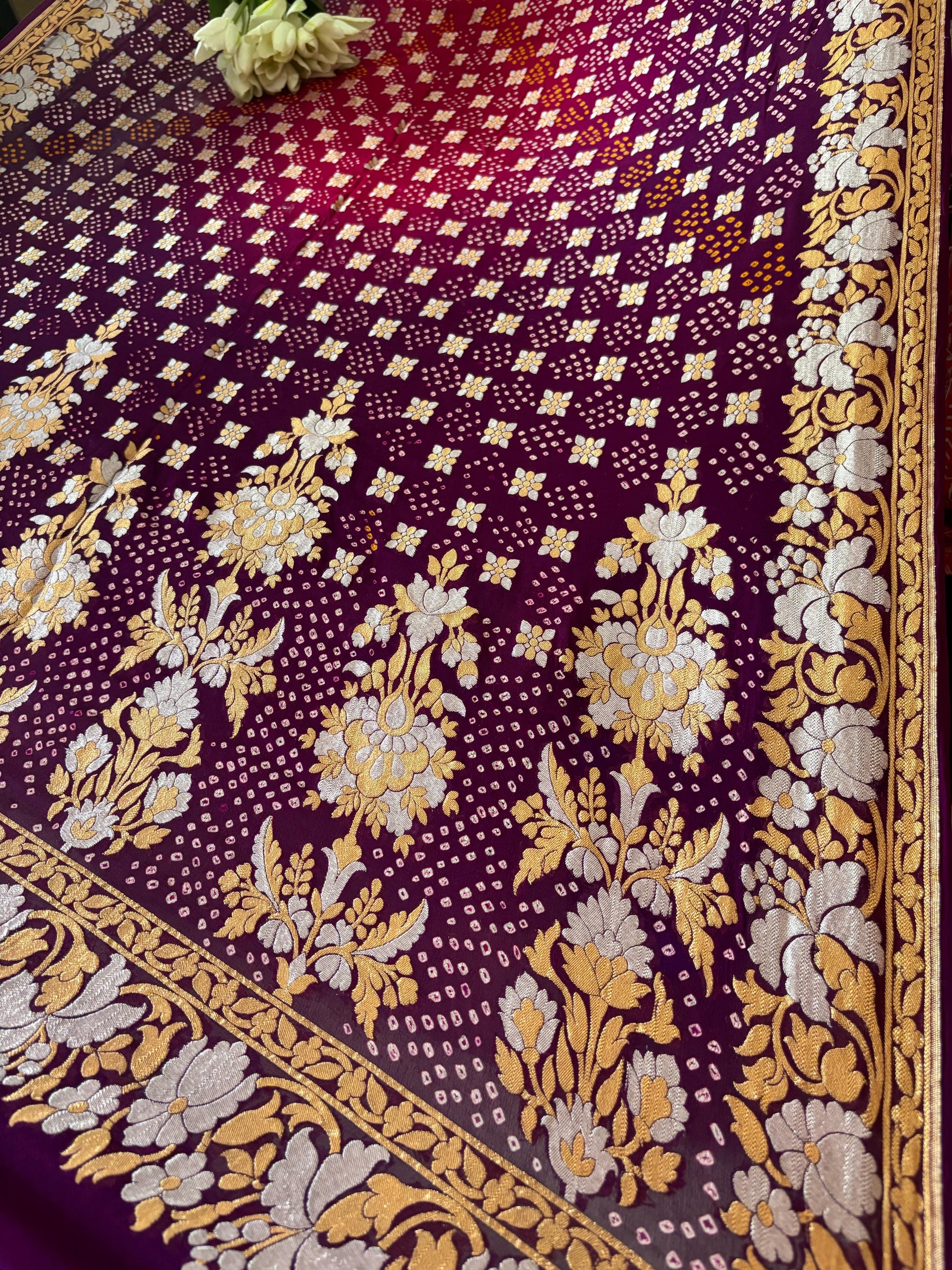 Elegant Purple And Pink Banarasi Bandhani Pure Georgette Sona Roopa Saree - Luxurion World