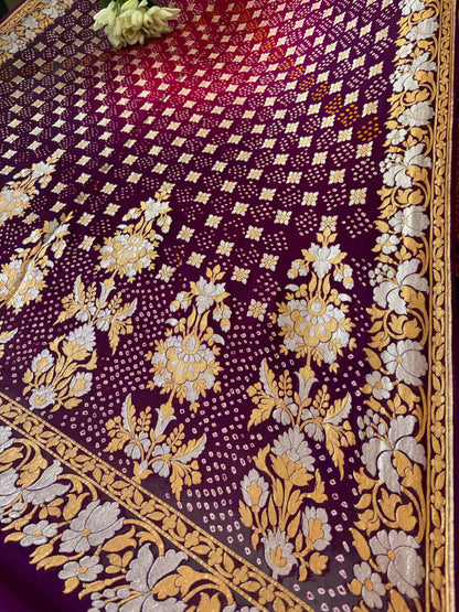Elegant Purple And Pink Banarasi Bandhani Pure Georgette Sona Roopa Saree - Luxurion World