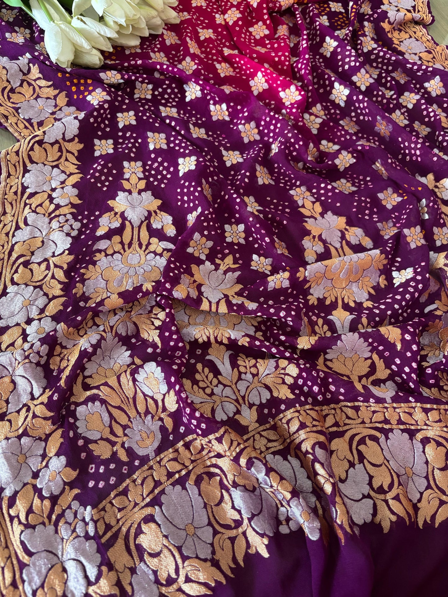 Elegant Purple And Pink Banarasi Bandhani Pure Georgette Sona Roopa Saree - Luxurion World
