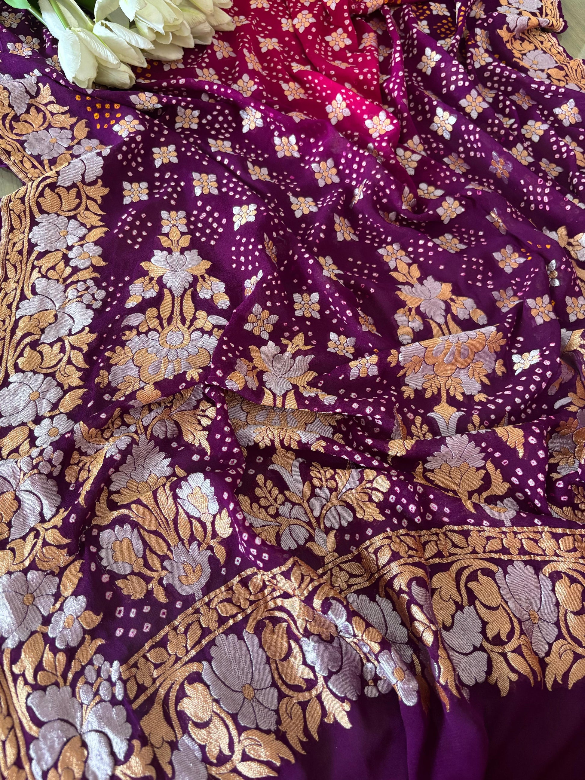 Elegant Purple And Pink Banarasi Bandhani Pure Georgette Sona Roopa Saree - Luxurion World