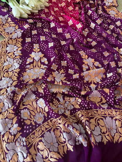 Elegant Purple And Pink Banarasi Bandhani Pure Georgette Sona Roopa Saree - Luxurion World